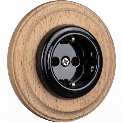 Elhard - Ceramic retro-style wall socket with frame 230V black/light wood
