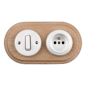 Elhard - Ceramic retro switch č. 1 and 230V socket with white/light wood frame