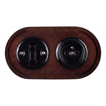 Elhard - Ceramic retro switch No. 1 and 230V socket with black/dark wood frame