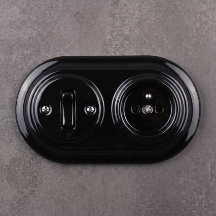 Elhard - Ceramic retro switch No. 1 and 230V socket with black frame