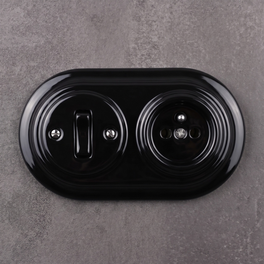 Elhard - Ceramic retro switch No. 1 and 230V socket with black frame