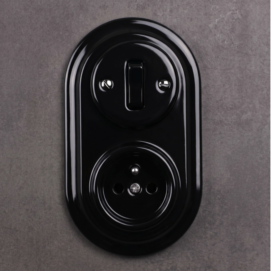 Elhard - Ceramic retro switch No. 1 and 230V socket with black frame