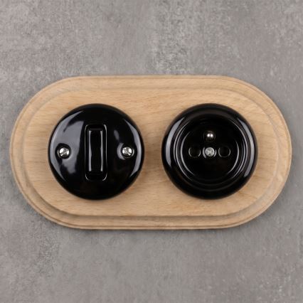 Elhard - Ceramic retro switch No. 1 and 230V socket with frame black/light wood