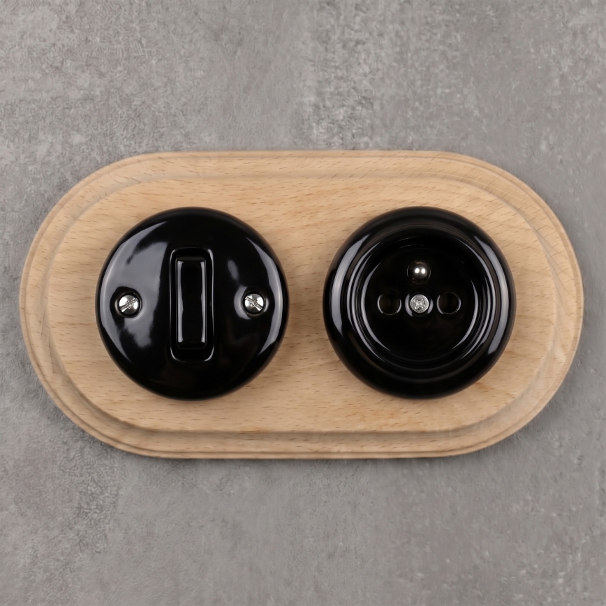 Elhard - Ceramic retro switch No. 1 and 230V socket with frame black/light wood
