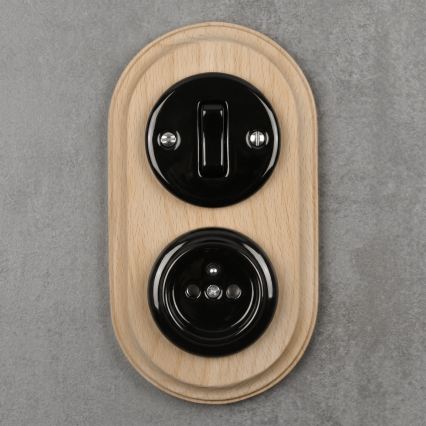 Elhard - Ceramic retro switch No. 1 and 230V socket with frame black/light wood