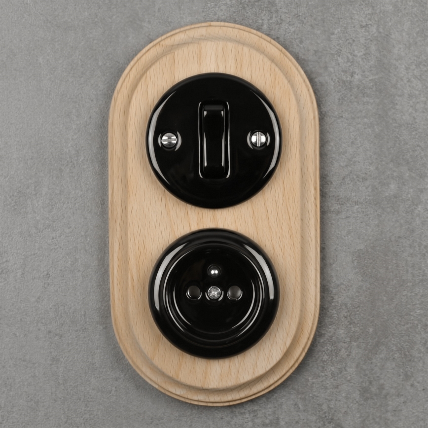 Elhard - Ceramic retro switch No. 1 and 230V socket with frame black/light wood