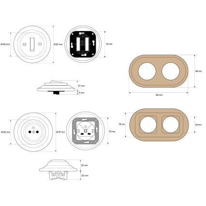 Elhard - Ceramic retro switch No. 1 and 230V socket with frame black/light wood