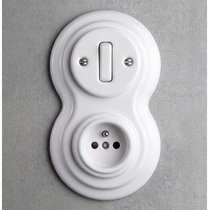 Elhard - Ceramic retro switch No. 1 and 230V socket with frame, white
