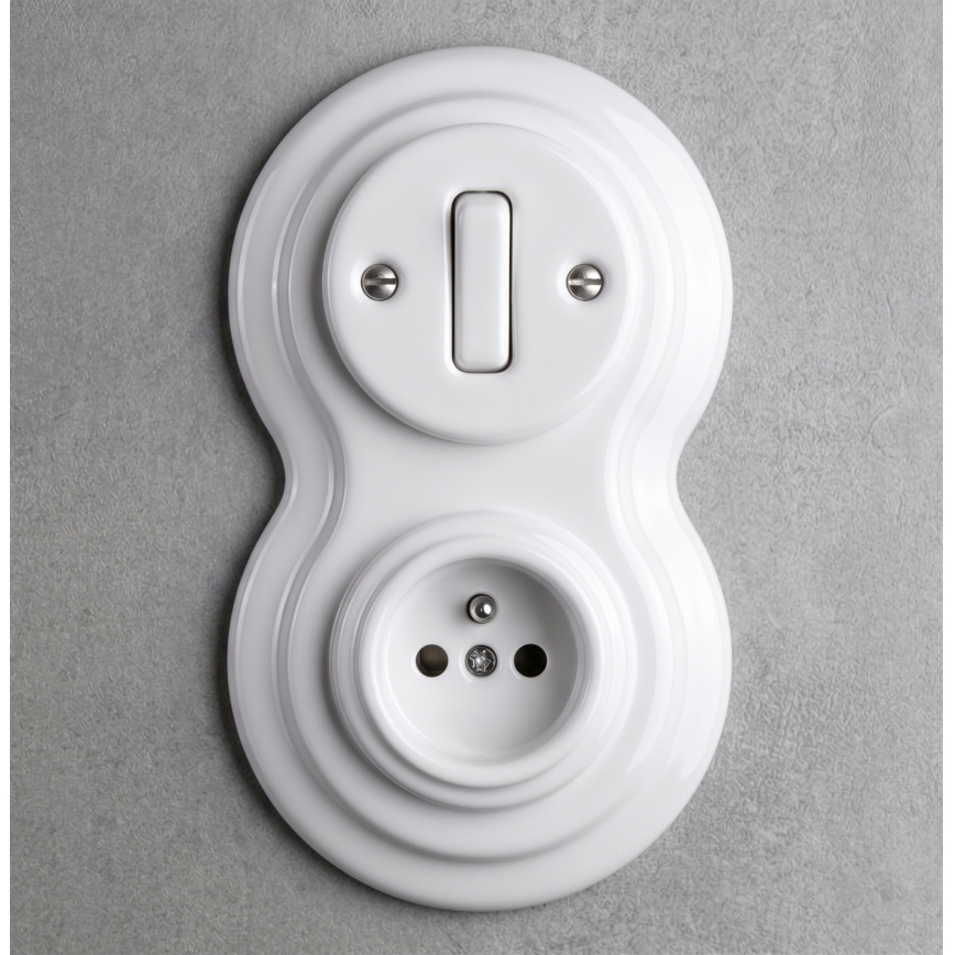 Elhard - Ceramic retro switch No. 1 and 230V socket with frame, white