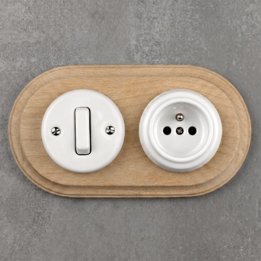 Elhard - Ceramic retro switch č. 1 and 230V socket with white/light wood frame