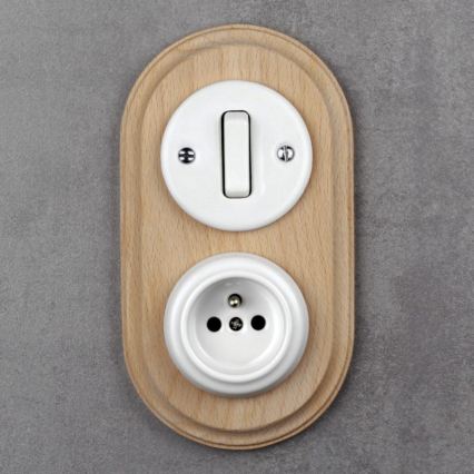 Elhard - Ceramic retro switch č. 1 and 230V socket with white/light wood frame