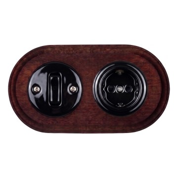 Elhard - Ceramic retro switch No. 1 and 230V socket with SCHUKO frame black/dark wood
