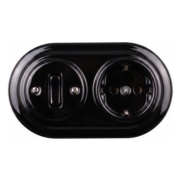 Elhard - Ceramic retro switch No. 1 and 230V socket with SCHUKO frame, black