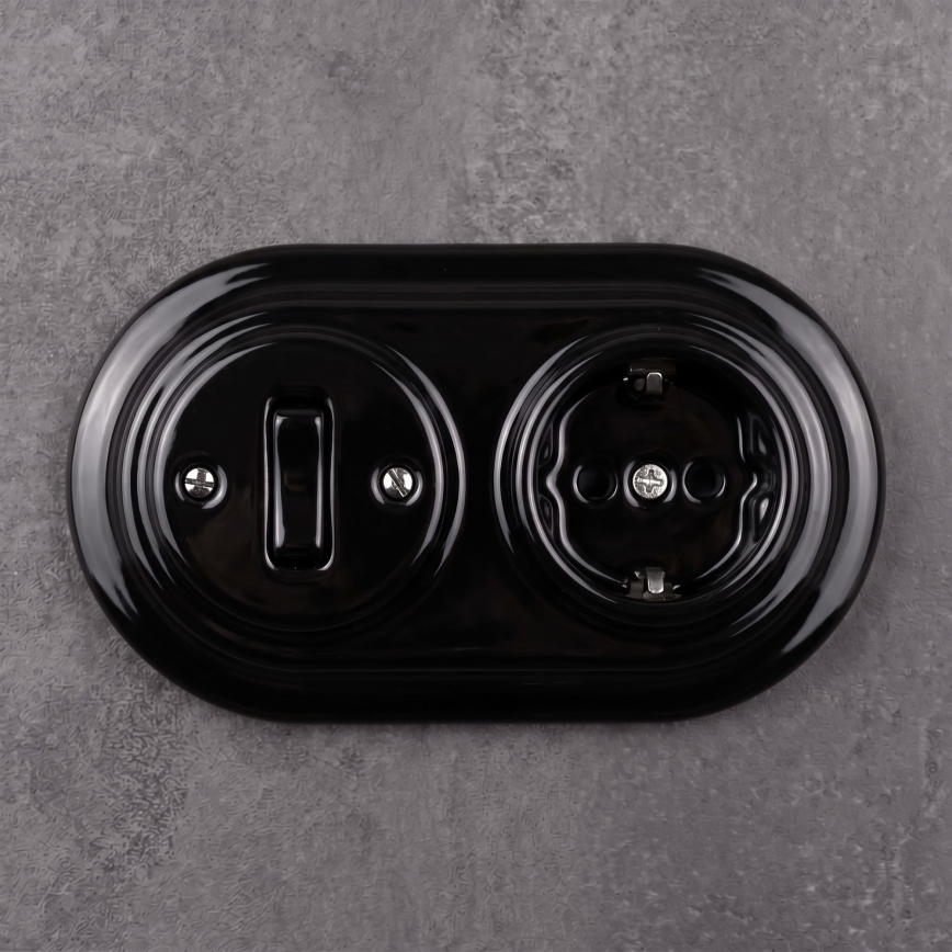 Elhard - Ceramic retro switch No. 1 and 230V socket with SCHUKO frame, black