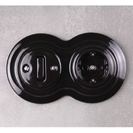 Elhard - Ceramic retro switch No. 1 and 230V socket with SCHUKO frame, black