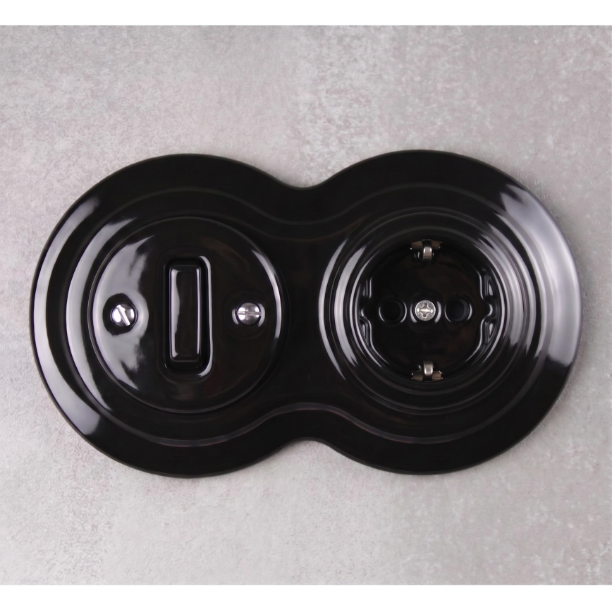 Elhard - Ceramic retro switch No. 1 and 230V socket with SCHUKO frame, black