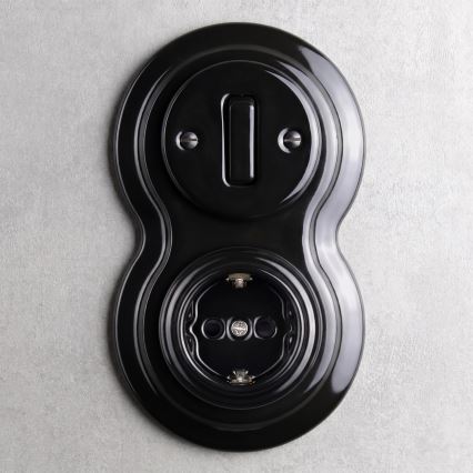 Elhard - Ceramic retro switch No. 1 and 230V socket with SCHUKO frame, black