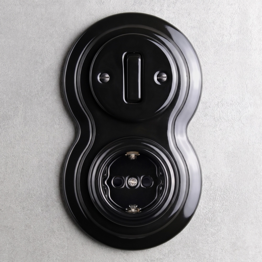 Elhard - Ceramic retro switch No. 1 and 230V socket with SCHUKO frame, black