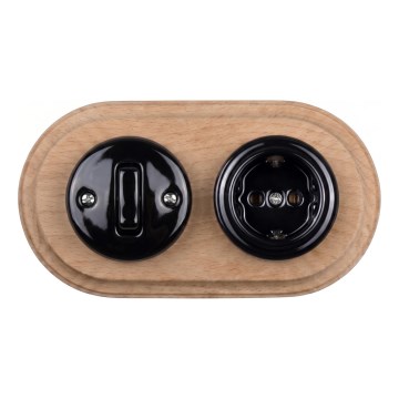 Elhard - Ceramic retro switch No. 1 and 230V socket with SCHUKO frame black/light wood