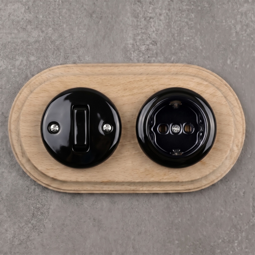 Elhard - Ceramic retro switch No. 1 and 230V socket with SCHUKO frame black/light wood