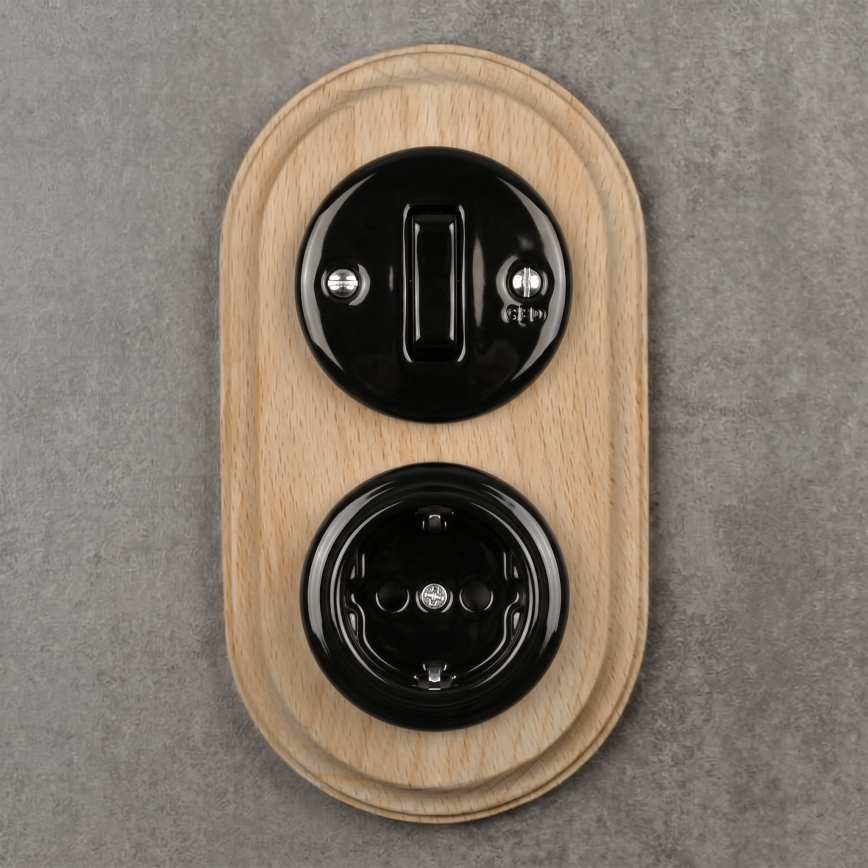 Elhard - Ceramic retro switch No. 1 and 230V socket with SCHUKO frame black/light wood