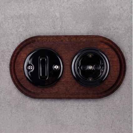 Elhard - Ceramic retro switch No. 1 and 230V socket with SCHUKO frame black/dark wood