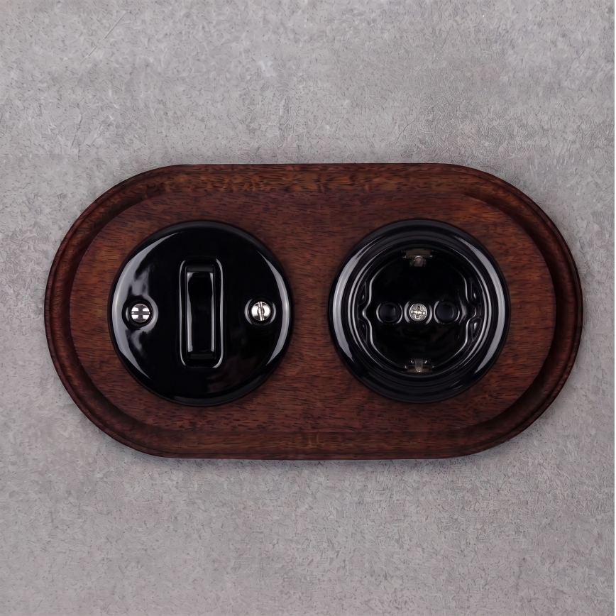 Elhard - Ceramic retro switch No. 1 and 230V socket with SCHUKO frame black/dark wood