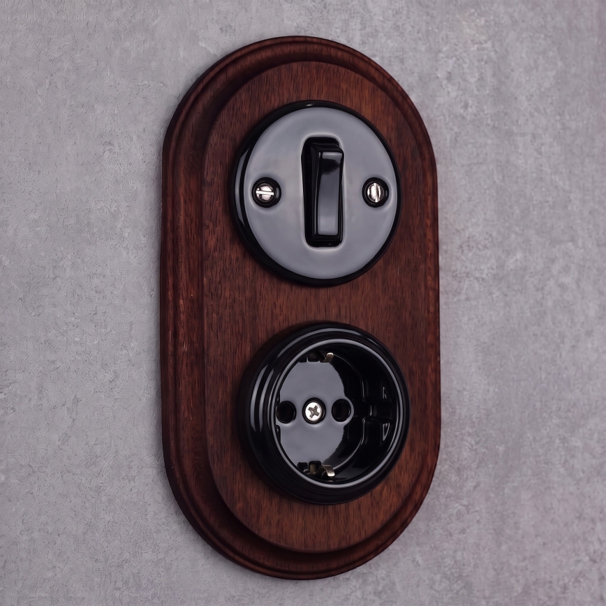 Elhard - Ceramic retro switch No. 1 and 230V socket with SCHUKO frame black/dark wood