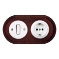 Elhard - Ceramic retro switch No. 1 and 230V socket with SCHUKO frame white/dark wood