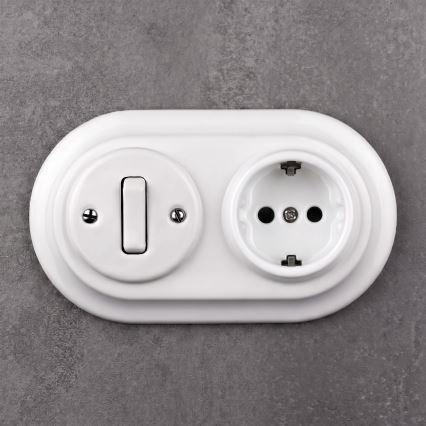 Elhard - Ceramic retro switch No. 1 and 230V socket with SCHUKO frame white