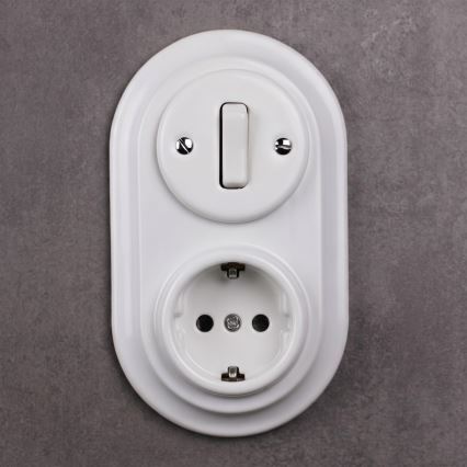 Elhard - Ceramic retro switch No. 1 and 230V socket with SCHUKO frame white