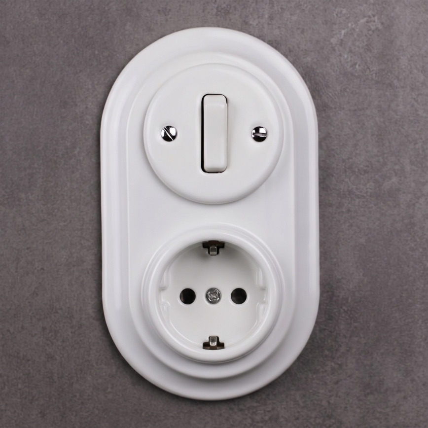 Elhard - Ceramic retro switch No. 1 and 230V socket with SCHUKO frame white