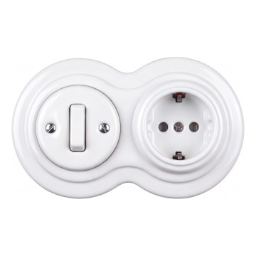 Elhard - Ceramic retro switch No. 1 and 230V socket with SCHUKO frame, white