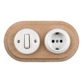 Elhard - Ceramic retro switch No. 1 and 230V socket with SCHUKO frame, white/light wood