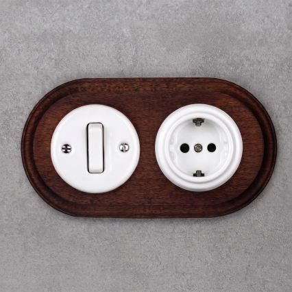 Elhard - Ceramic retro switch No. 1 and 230V socket with SCHUKO frame white/dark wood