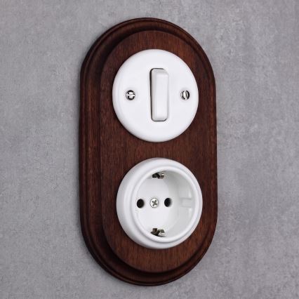 Elhard - Ceramic retro switch No. 1 and 230V socket with SCHUKO frame white/dark wood