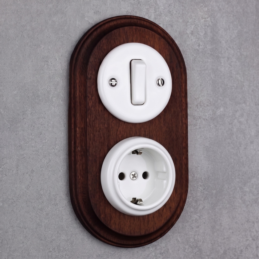 Elhard - Ceramic retro switch No. 1 and 230V socket with SCHUKO frame white/dark wood