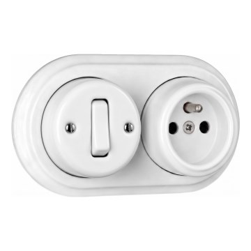 Elhard - Ceramic Retro Wall Single-Pole Switch No. 1 and 230V Socket with Frame, White