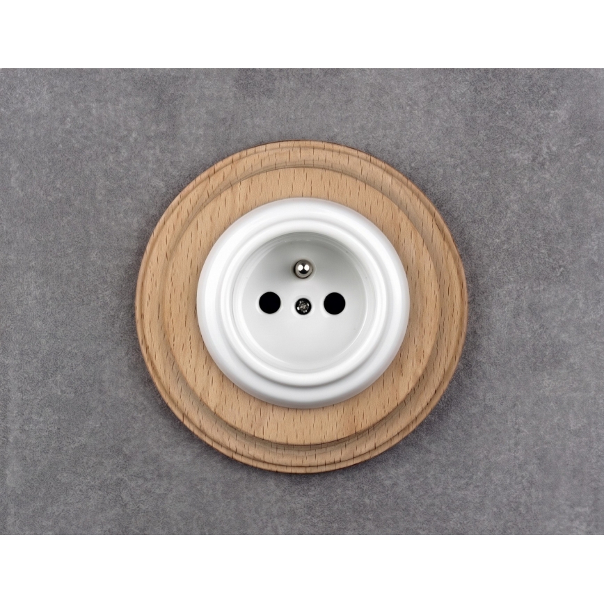 Elhard - Ceramic retro wall socket with frame 230V white/light wood
