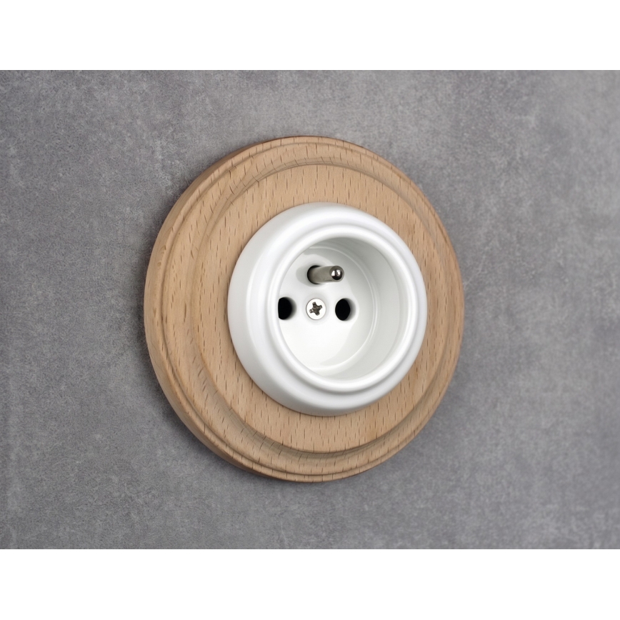 Elhard - Ceramic retro wall socket with frame 230V white/light wood