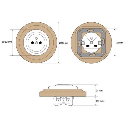 Elhard - Ceramic retro wall socket with frame 230V white/light wood