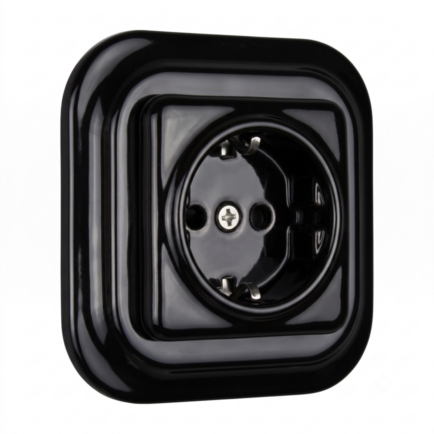 Elhard – Ceramic Retro Wall Socket with Frame, SCHUKO 230V, Black