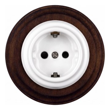 Elhard - Ceramic retro wall socket with frame SCHUKO 230V white/dark wood