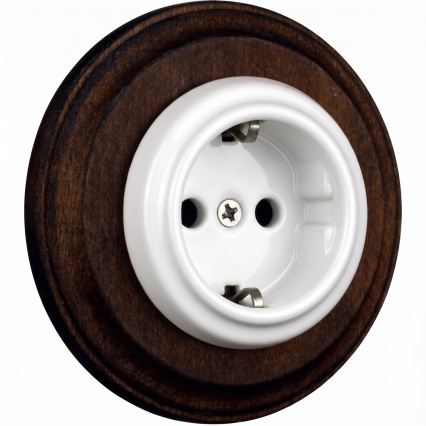 Elhard - Ceramic retro wall socket with frame SCHUKO 230V white/dark wood