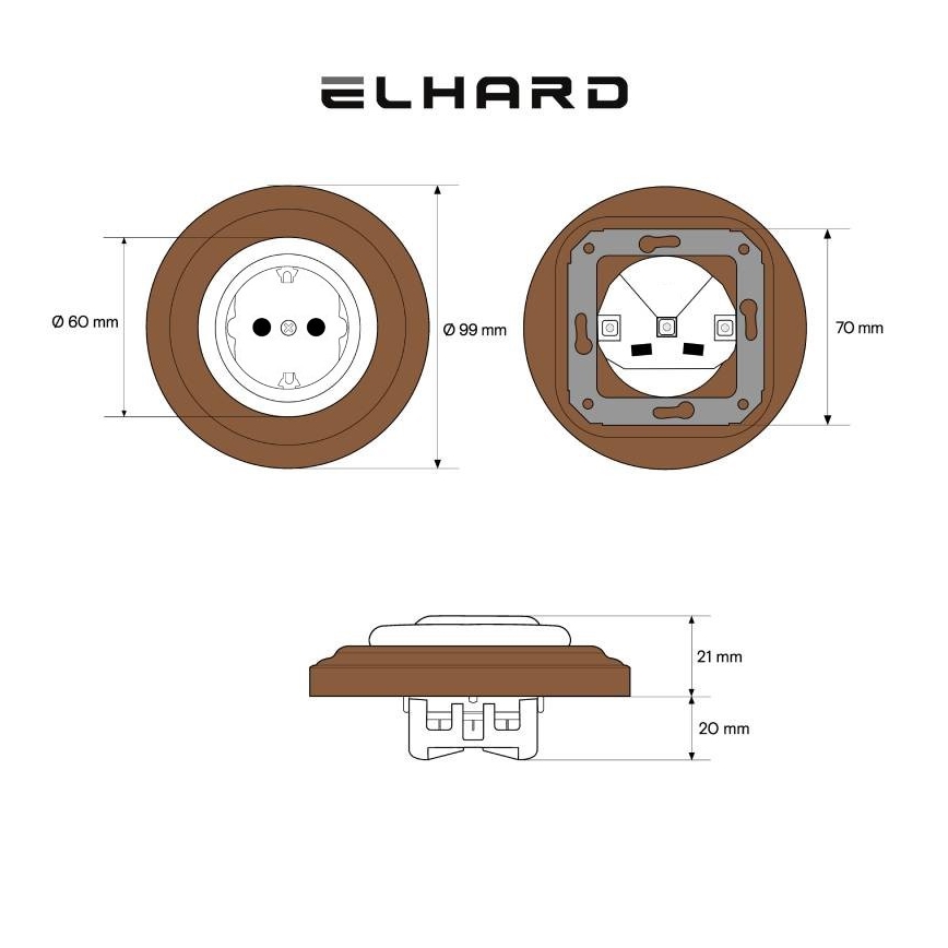 Elhard - Ceramic retro wall socket with frame SCHUKO 230V white/dark wood