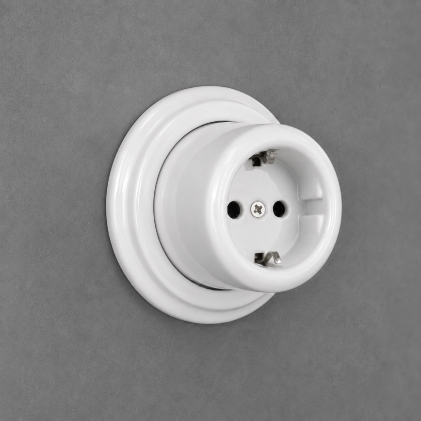 Elhard - Ceramic Retro Wall Socket with Frame, SCHUKO 230V, White