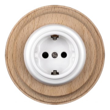 Elhard - Ceramic retro wall socket with frame, SCHUKO, 230V, white/light wood