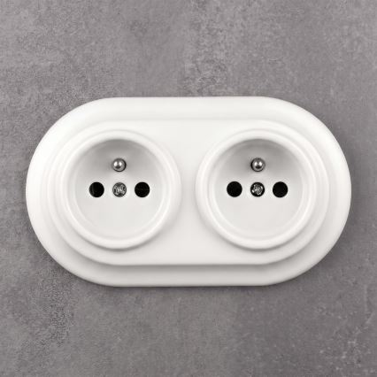 Elhard - Double ceramic retro domestic socket with frame 230V white