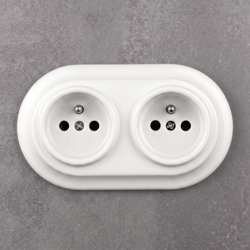 Elhard - Double ceramic retro domestic socket with frame 230V white