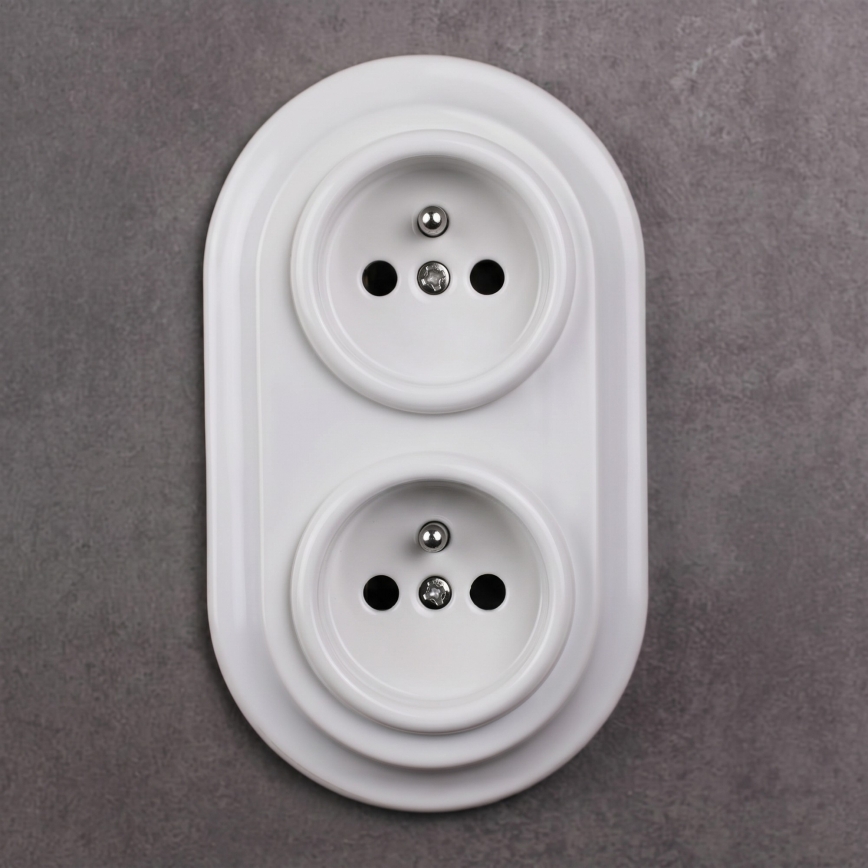 Elhard - Double ceramic retro domestic socket with frame 230V white
